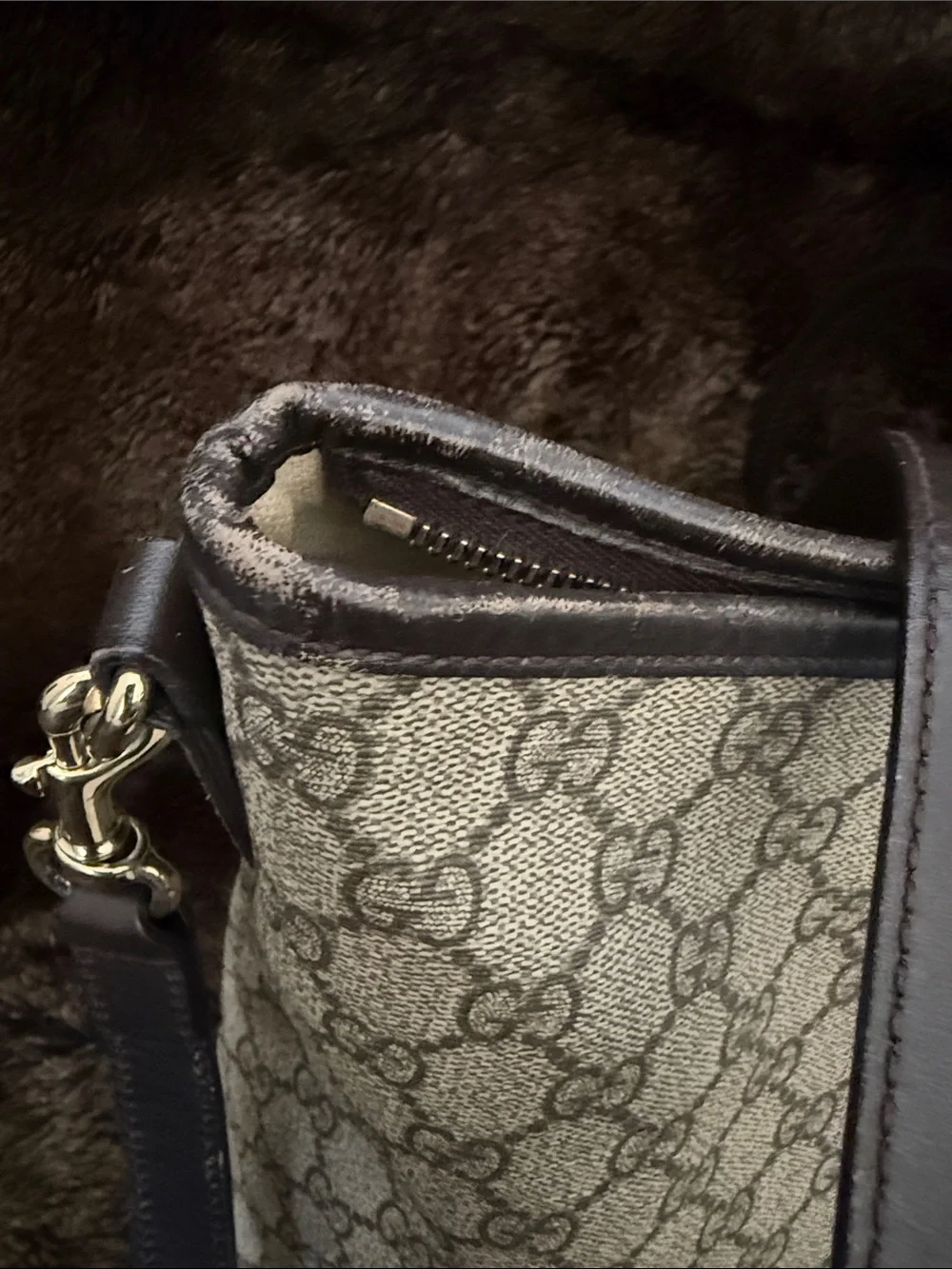 Gucci Beige GG Supreme Canvas Tote with Brown Trim